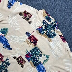 Puritan Mens XL Tan Hot Rod Classic Car Tropical Rayon Hawaiian Shirt Y2K VTG